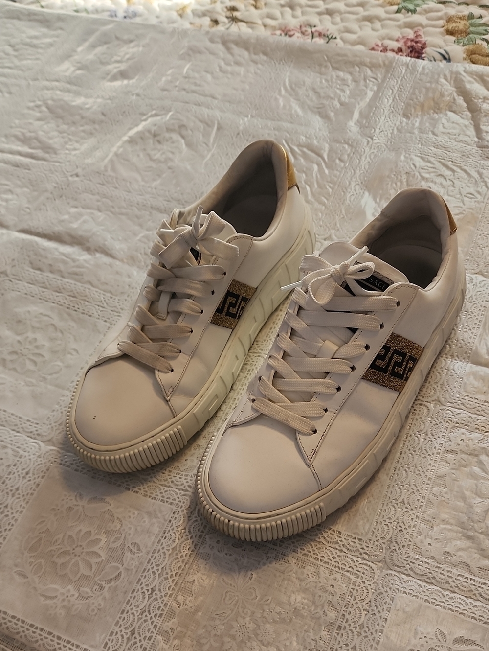 Versace White Sneakers with Gold Logo Accent